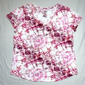 Tie Dye Pink T-Shirt Womens Large Everyday Classic Top Loose Flowy Blouse Spring